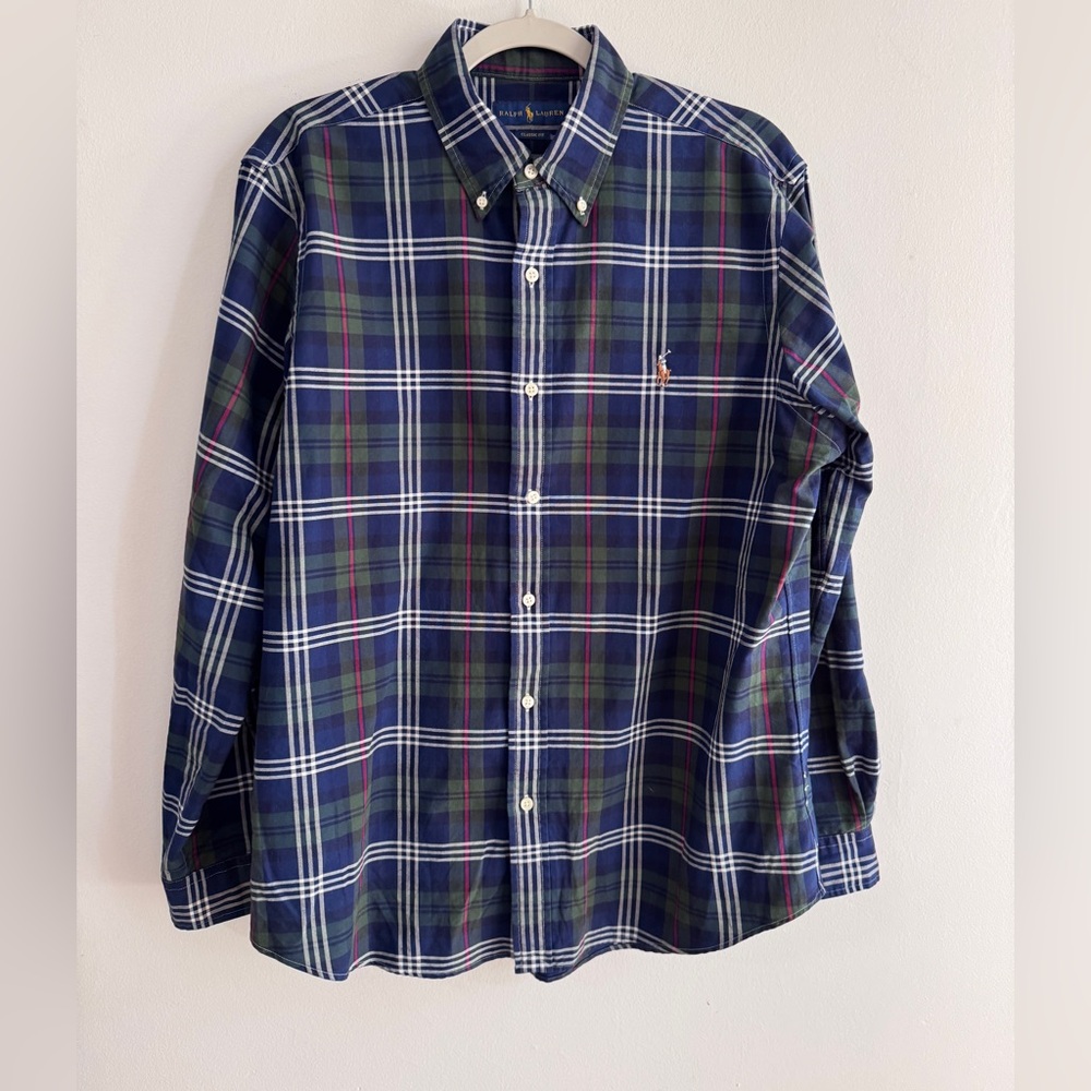 Ralph Lauren Mens Crisp Blue and Green Cotton Checkered Shirt